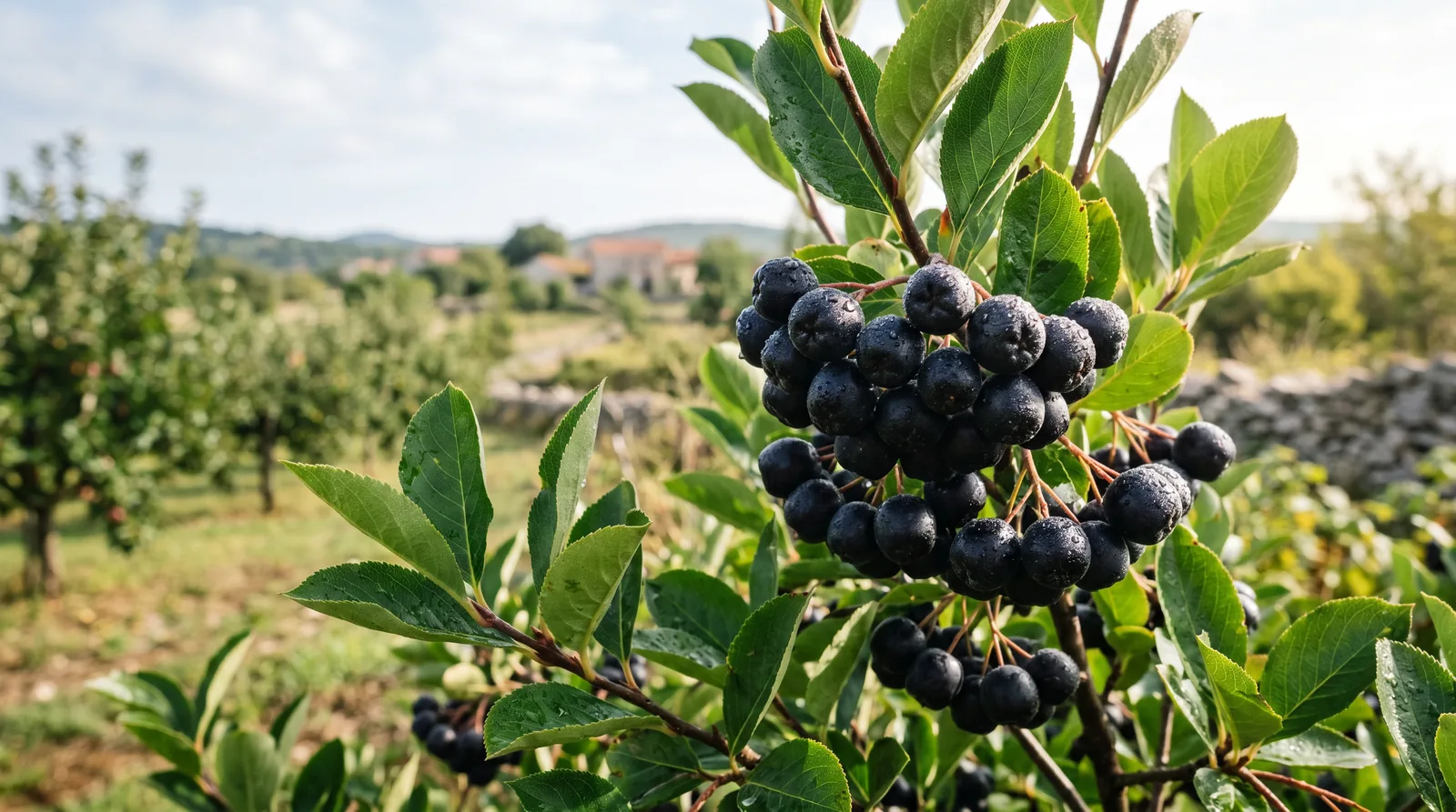 Domaća aronija — zreli plodovi na grmu